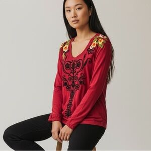 🌻Johnny Was Burgundy Embroidered Floral V-Neck Long Sleeve Boho Top Size Medium